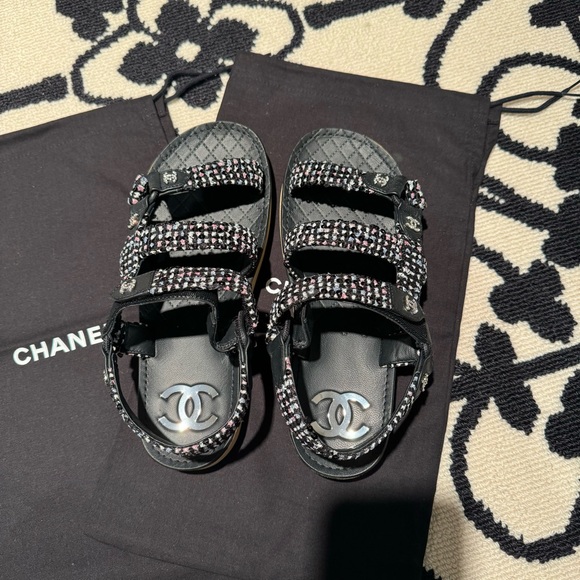 Chanel - Tweed Lambskin Crystal CC Slingback Sandals in Black Multicolor - Picture 11 of 12